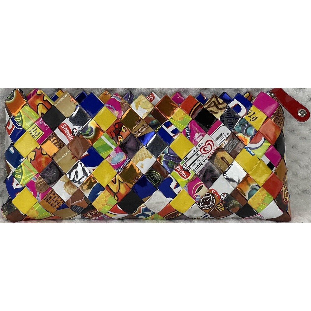 Nahui Ollin Unique Recycled Candy/Snack Wrapper Clutch 9''x4'' Excellent Cond.